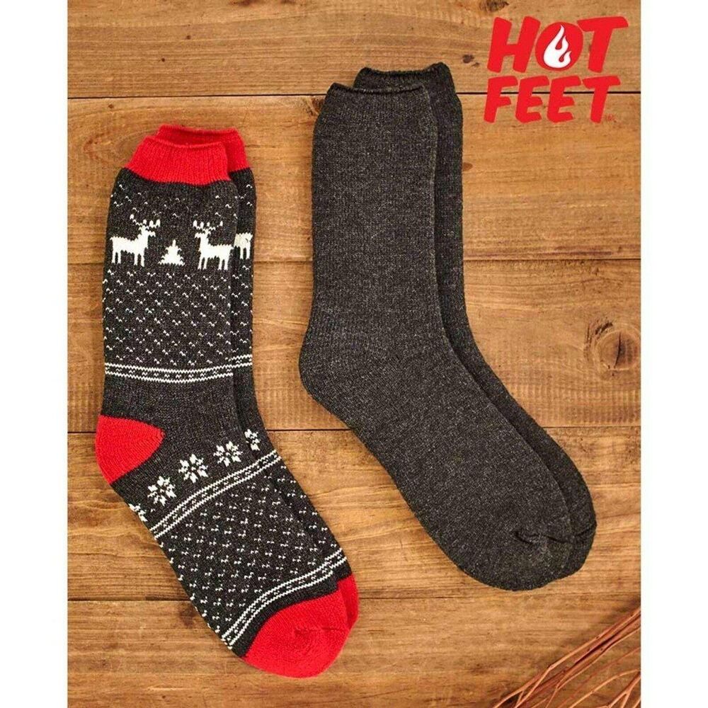 Hot Feet Men's Thermal Socks 2-Pair Size 7-12.5 Snowflakes Deer Gray Marled NEW